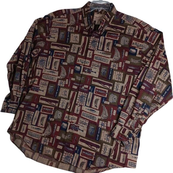 Woolrich Original Outdoor Vintage Shirt XL Red All Over Fish & Tackle Cotton - Picture 4 of 13